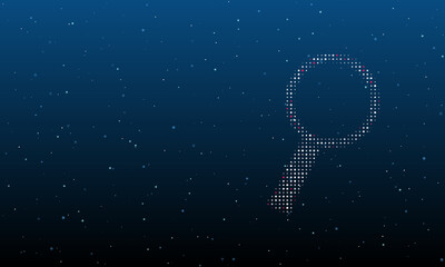 On the right is the magnifier symbol filled with white dots. Background pattern from dots and circles of different shades. Vector illustration on blue background with stars