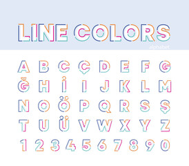 Abstract creative alphabet, colorful linear alphabet set. Modern alphabet lines with new pop art colors. Font number template. Set thin line clean style to design.