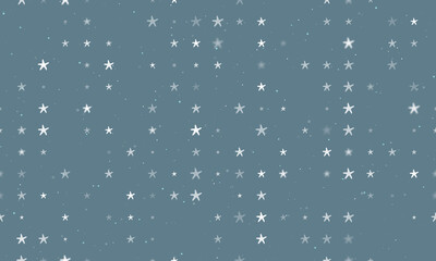 Seamless background pattern of evenly spaced white starfish symbols of different sizes and opacity. Vector illustration on blue gray background with stars