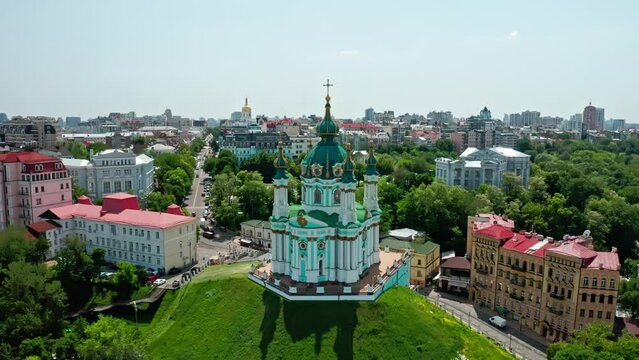 Aerial view on St. Andrew's Church in Kyiv, Ukraine.