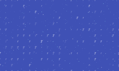 Seamless background pattern of evenly spaced white figure skating symbols of different sizes and opacity. Vector illustration on indigo background with stars