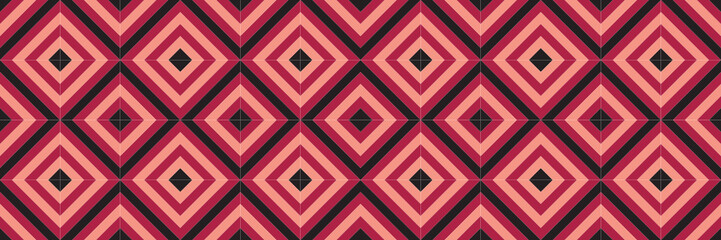 Red, black, and pink abstract line geometric diagonal square seamless pattern banner background. Vector illustration.