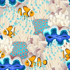 Vector seamless tropical pattern with coral reef - 485650387