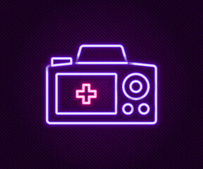 Glowing neon line Photo camera icon isolated on black background. Foto camera. Digital photography. Colorful outline concept. Vector