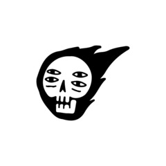 Skull head with four eyes on fire, illustration for t-shirt, sticker, or apparel merchandise. With retro cartoon style.
