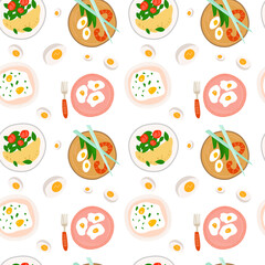 Vector seamless pattern with eggs and egg dishes, scrambled eggs, omelet, Japanese food, various breakfast options in flat style on white background	