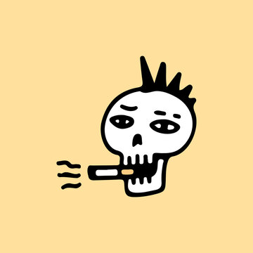 Punk skull head smoking cigarette, illustration for t-shirt, sticker, or apparel merchandise. With retro cartoon style.