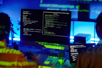 Fototapeta premium Computer screen with decoded data and two young contemporary programmers sitting by desks and developing new programs