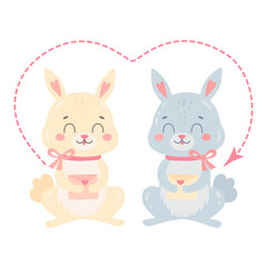 Obraz na płótnie Canvas Couple of enamored rabbits in hand-drawn cartoon style. Two cute bunnies with a letter and heart. Perfect for greeting cards for Valentine's Day, childrens T-shirts, poster, invite, sticker. Vector