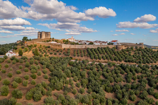 Aerial view of Evoramonte castle, a fort on hilltop, Evora, Portugal.