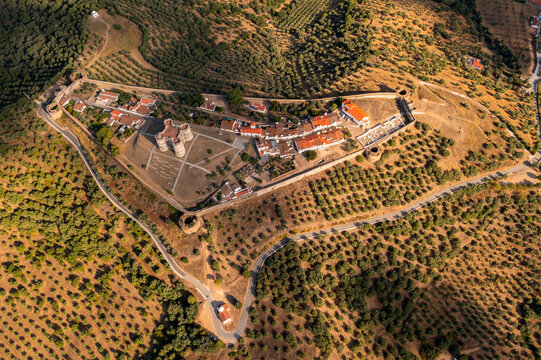 Aerial view of Evoramonte castle, a fort on hilltop, Evora, Portugal.