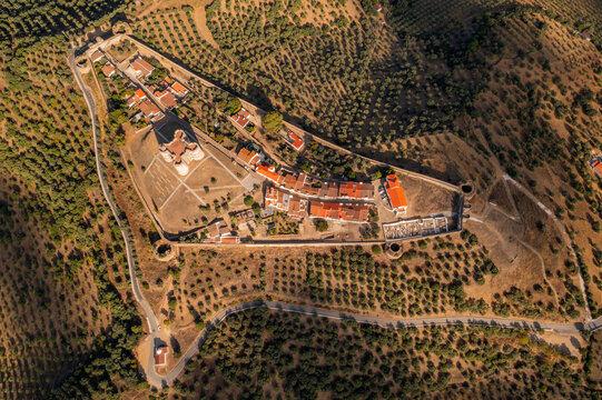 Aerial view of Evoramonte castle, a fort on hilltop, Evora, Portugal.