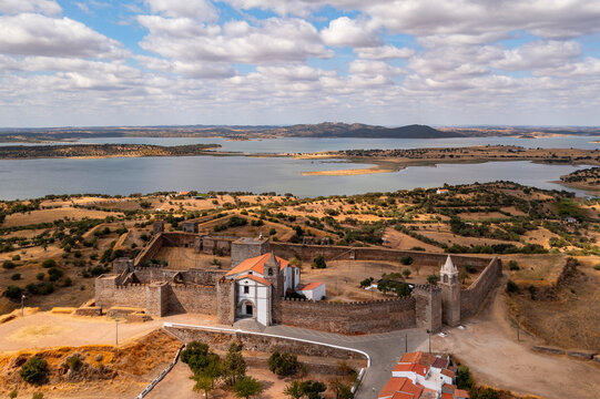 Aerial view of Evoramonte castle, a fort on hilltop, Evora, Portugal.