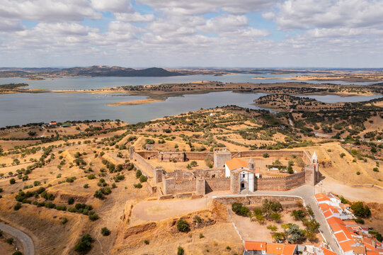 Aerial view of Evoramonte castle, a fort on hilltop, Evora, Portugal.