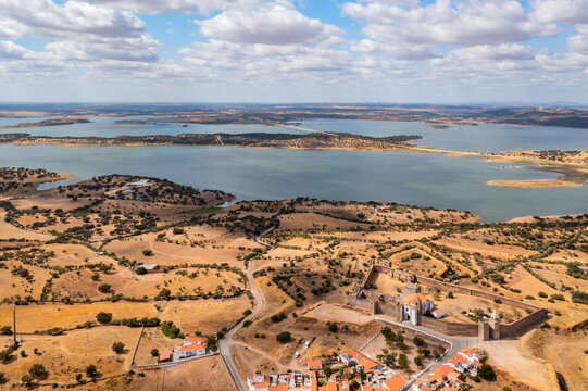 Aerial view of Evoramonte castle, a fort on hilltop, Evora, Portugal.