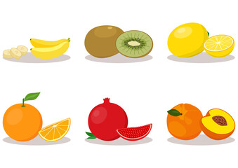 Fresh fruits whole and sliced. Bananas, kiwi, lemons, oranges, pomegranates, peaches. Vector illustration.