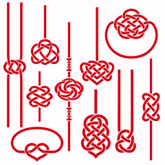 Chinese braid and stripes . Red template symbols, knots - heart, flower, infinity, double coin. Ethnic ornament .Trendy print for design. Vector set.