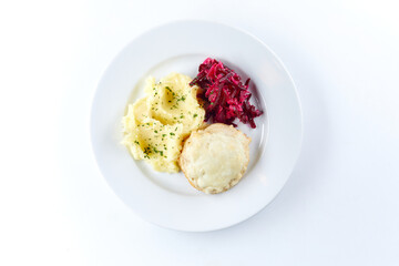 mashed potato with cutlet and salad