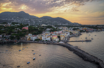 Fototapeta na wymiar Beautiful aerial view at sunset of Ischia from the Aragonese Castle (Castello Aragonese), Italy