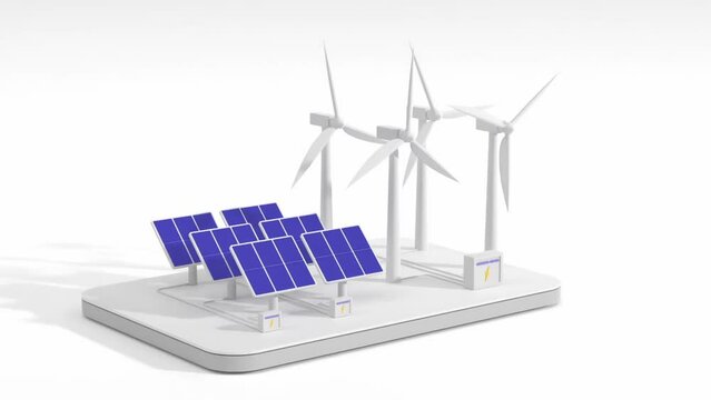 3d animation, isometric wind turbines and solar panels with battery. Renewable green energy industry, electricity production, eco clean power generation, environmental protection, conservation
