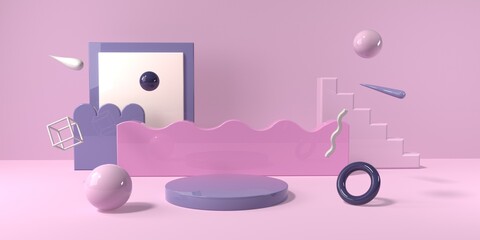 Abstract 3D render of geometric shapes and a podium