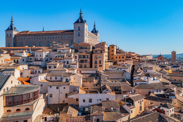 Aerial view of Alcazar de Toledo, a 16th century palace and military museum, Toledo, Spain.