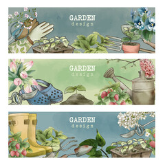 Set of three gardening banners, vintage watercolor style © nurofina