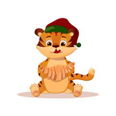 Cartoon festive little tiger wearing a santa hat sits and holds a large croissant. Year of the Chinese Tiger.