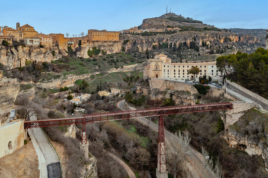 Aerial view of Puente de San Pablo, a footbridge in Cuenca, Spain.