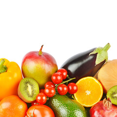 Vegetables and fruits isolated on a white. Free space for text.