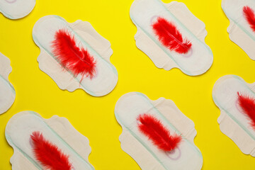 Menstrual pads with red feathers on yellow background, flat lay
