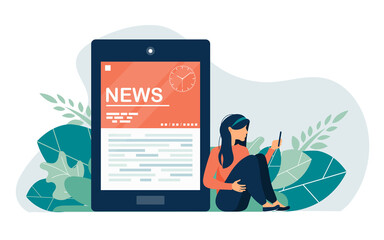 Vector illustration graphic of news. Man sitting on the floor and looking for news through smartphone. Online news. Flat vector illustration