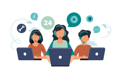 Live support concept. Business customer care service concept. Icon for contact us, support, help, phone call and website click. Flat vector illustration.