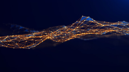 A wave of connecting lines and dots. The concept of big data and technology. Abstract background with dynamic wave with golden dots. 3d rendering.