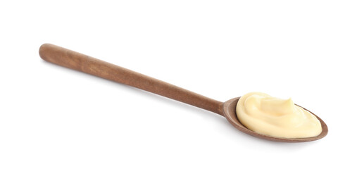 Wooden spoon with tasty mayonnaise isolated on white