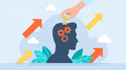 The concept of investing in man. Improving performance. Contribution to development. Metaphor of investing in a person. Improving the level of knowledge through training. Flat illustration. 