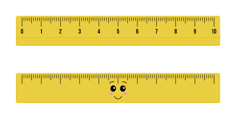 Cute wooden or plastic ruler measure instrument kawaii isolated on white background. Yellow school measuring ruler in centimeters scale. Vector flat illustration