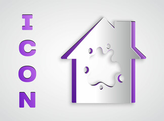 Paper cut Painting the house icon isolated on grey background. Paper art style. Vector