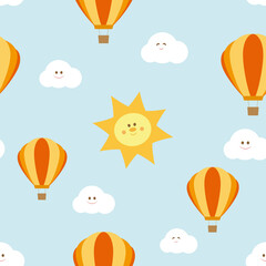 Cute seamless pattern. Childish texture with sun, hot air balloons and clouds. Vector illustration on blue background.