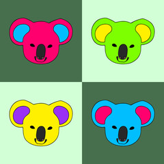 Set with colorful koalas on isolated squares. Vector drawing.