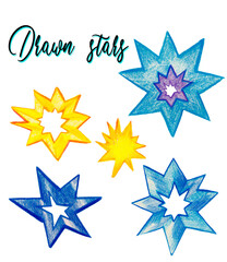 Fototapeta premium Pencil drawn blue stars clipart, yellow stars clipart, hand drawn blue stars, blinked yellow sparks, shining, isolated elements, lettering drawn stars