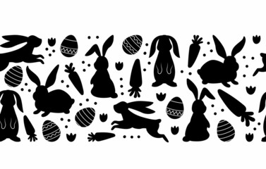 Happy Easter. Decorative long horizontal black silhouette seamless pattern with Easter eggs, carrots, flowers and bunnies isolated on white background. Cute vector flat background. Trendy design 