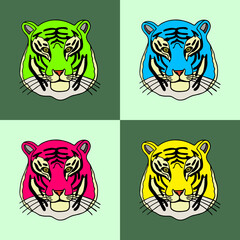 Set with colorful tigers on isolated squares. Vector drawing.