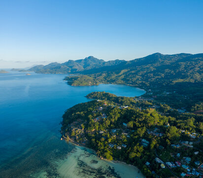 Panoramic aerial view of the endless coastline near Anse a La Mouche, Anse Boileau, Seychelles.