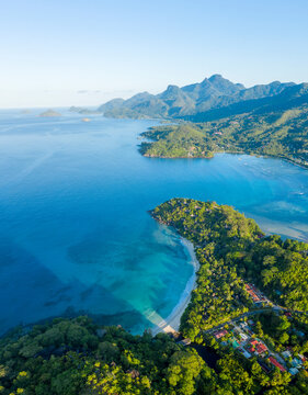 Panoramic aerial view of the endless coastline near Anse a La Mouche, Anse Boileau, Seychelles.