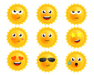 Cartoon suns with emotions. Sticker set with faces. Cute characters JPG illustration
