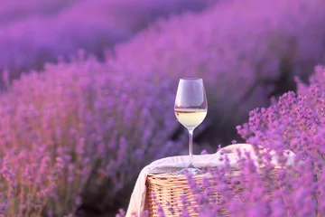 Tuinposter Glass of white wine in a lavender field. Violet flowers on the background. © Kotkoa