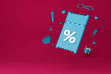 Coupon with flying microphone, basket shopping, hearts, infinity sign and balls. 3D coupons with discounts. 3d gift. Turquoise and cyclamen colors. 3d Rendering illustration.