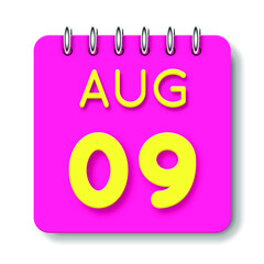 09 day of the month. August. Cute calendar daily icon. Date day week Sunday, Monday, Tuesday, Wednesday, Thursday, Friday, Saturday. Neon yellow. Pink Paper. White background.