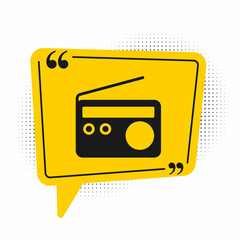 Black Radio with antenna icon isolated on white background. Yellow speech bubble symbol. Vector